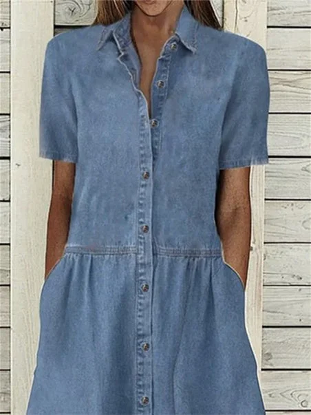 Women Half Sleeve V-neck Solid Color Dress