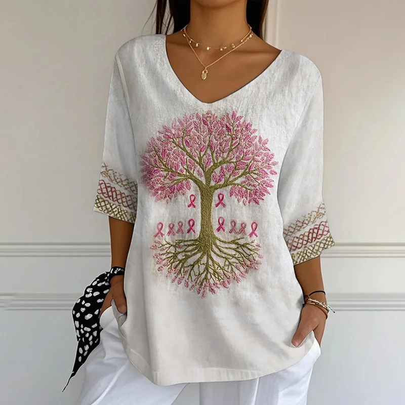 Women's Breast Cancer Consciousness Tree Of Life Webbing T-shirt