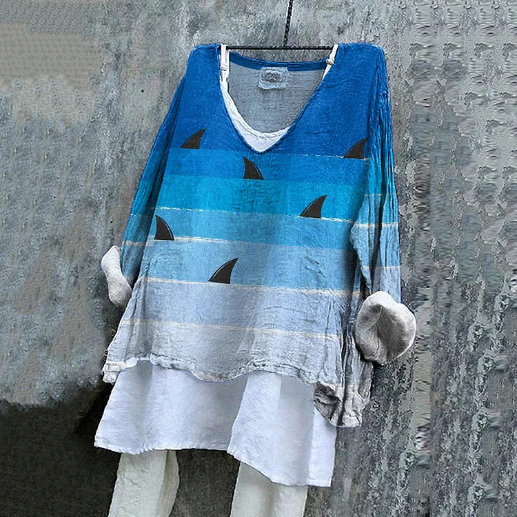 Shark Fin Pattern Linen Blend Casual Shirt