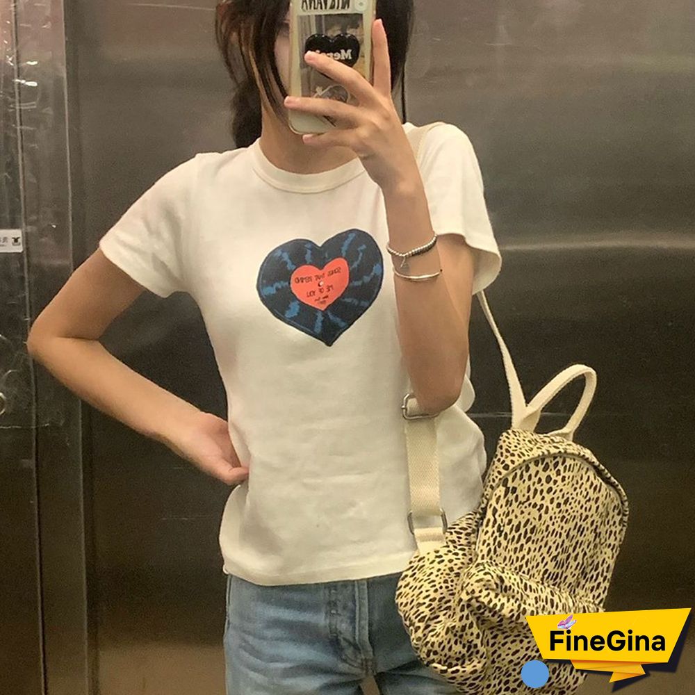 Fairycore Grunge Crop Tops Women Heart Print Short Sleeve Tshirt Aesthetic Tee Shirt Harajuku Streetwear
