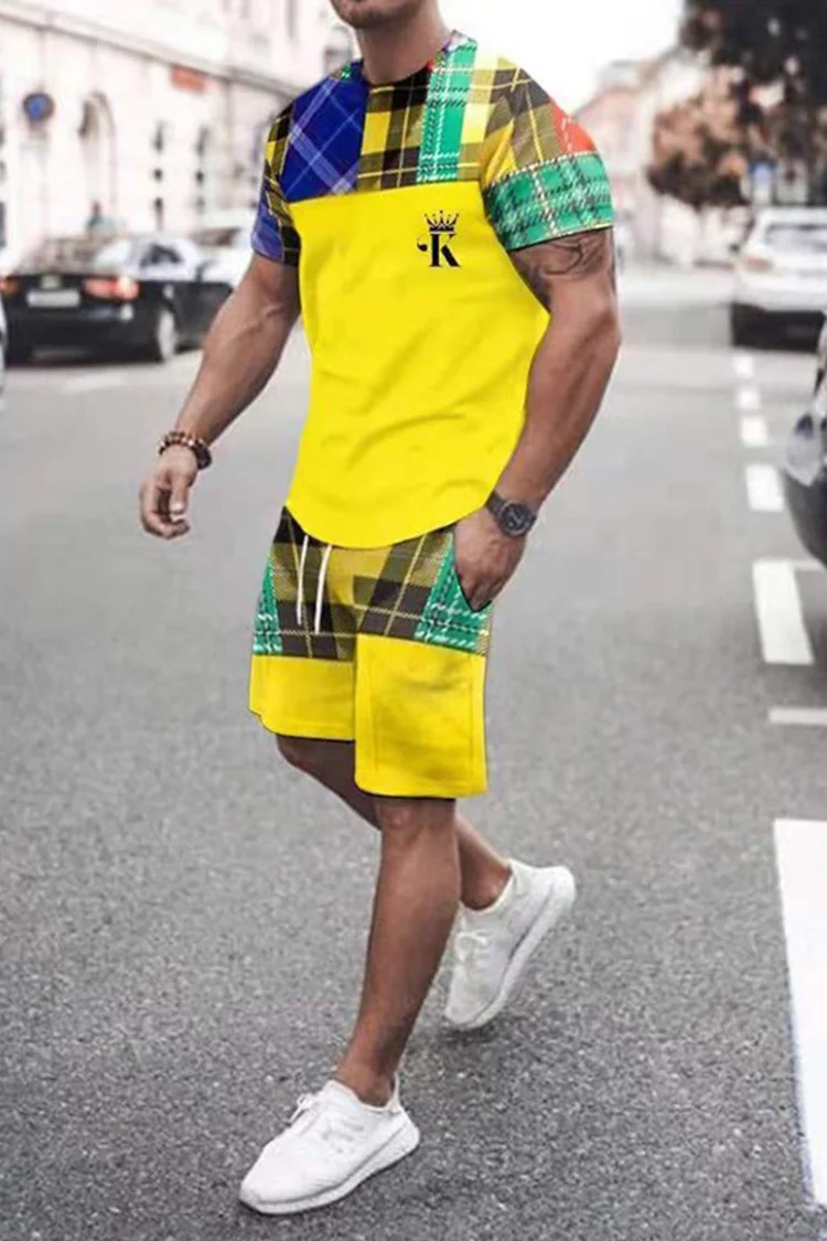 Tiboyz Outfits Yellow Check T-Shirt And Shorts Two Piece Set