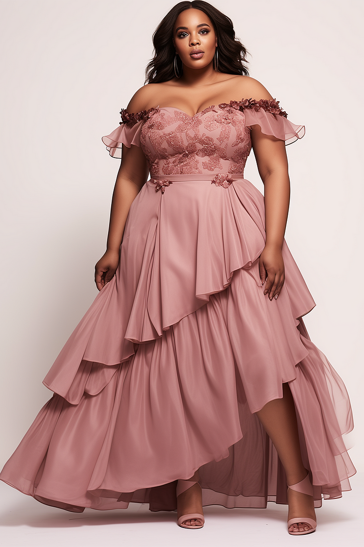 Xpluswear Design Plus Size Prom Pink Off The Shoulder Ruffle Chiffon Maxi Dresses [Pre-Order]