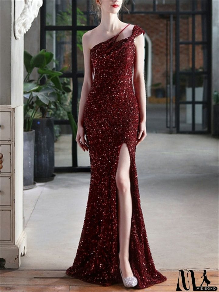 MidiSono - New Elegant Style Sexy One Shoulder High Slit Sequin Maxi Evening Dresses