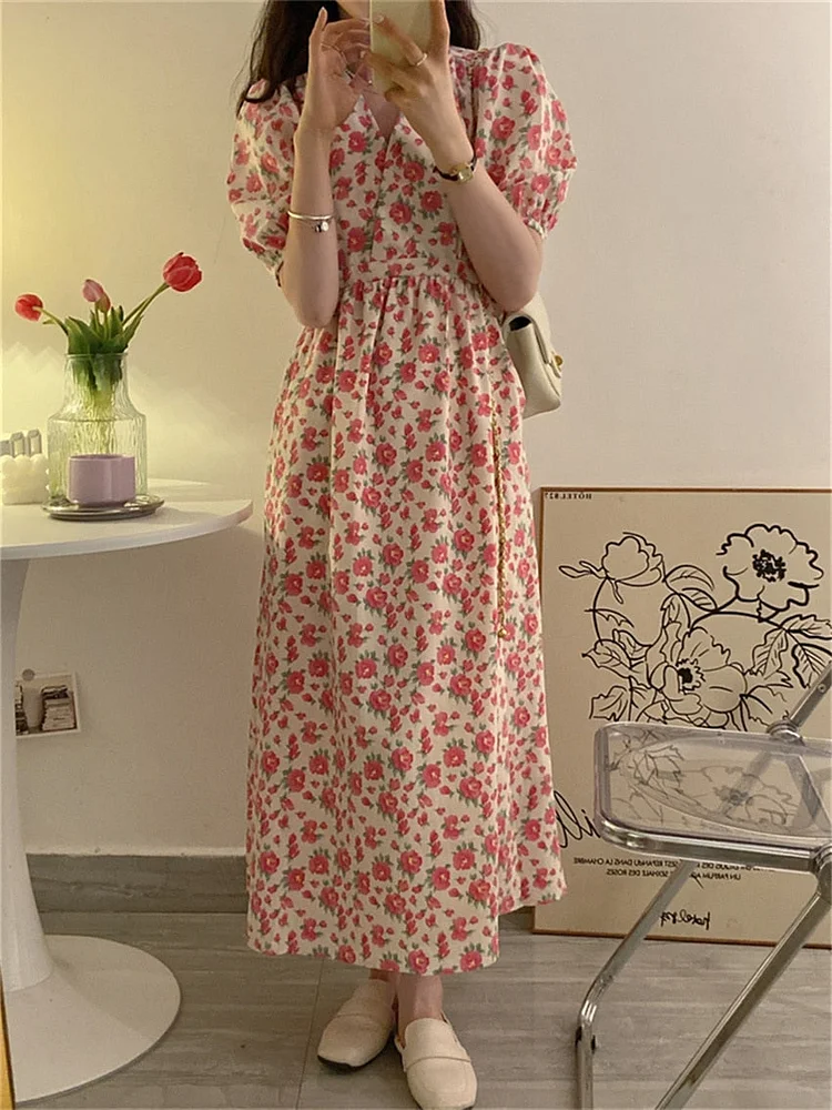 Chic Pink V-neck Flowers Printed Puff Sleeve Maxi Dress 