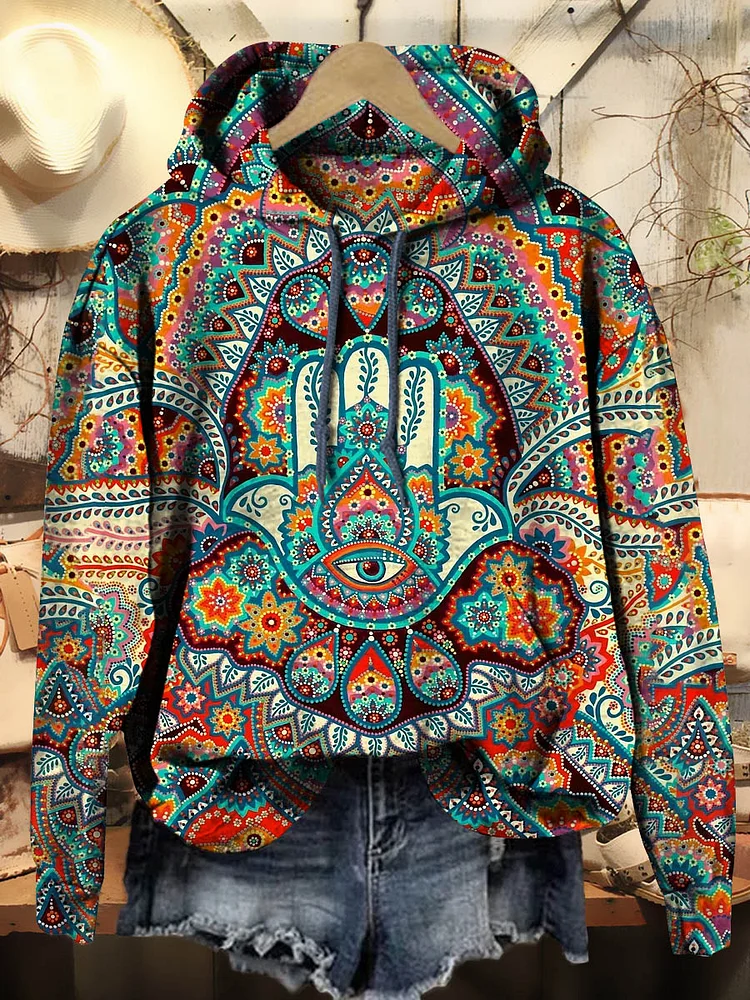 Women's Hamsa Hand Art Patterns Art Print Casual Hooded Sweatshirt