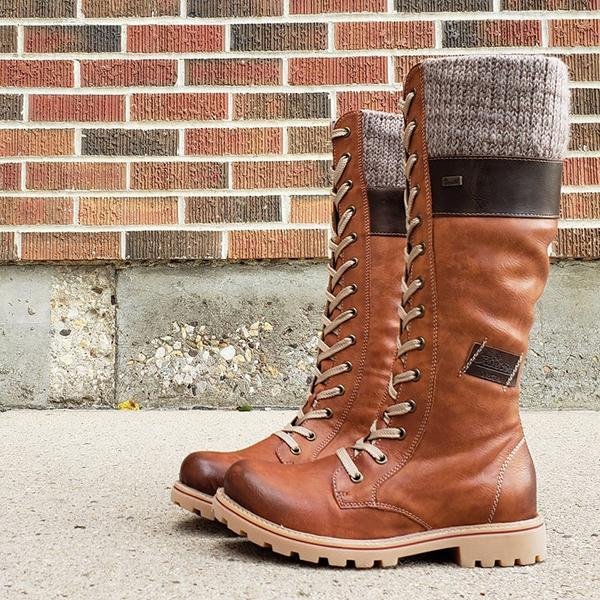 Women Winter Lace Up Knitted High Boots