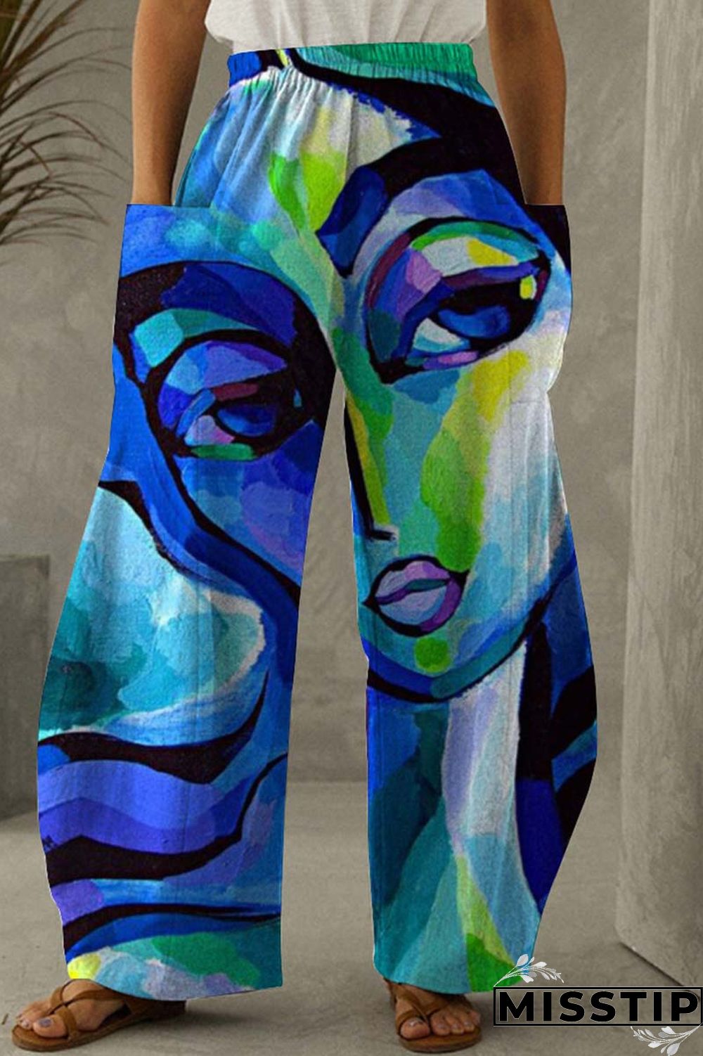 Black Yellow Fashion Casual Print Patchwork Pocket Regular High Waist Trousers