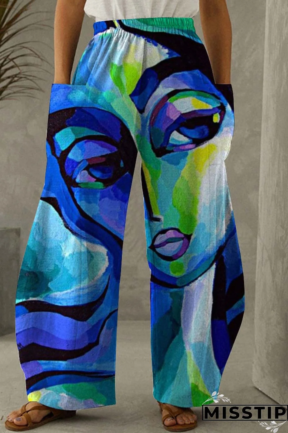 Black Yellow Fashion Casual Print Patchwork Pocket Regular High Waist Trousers