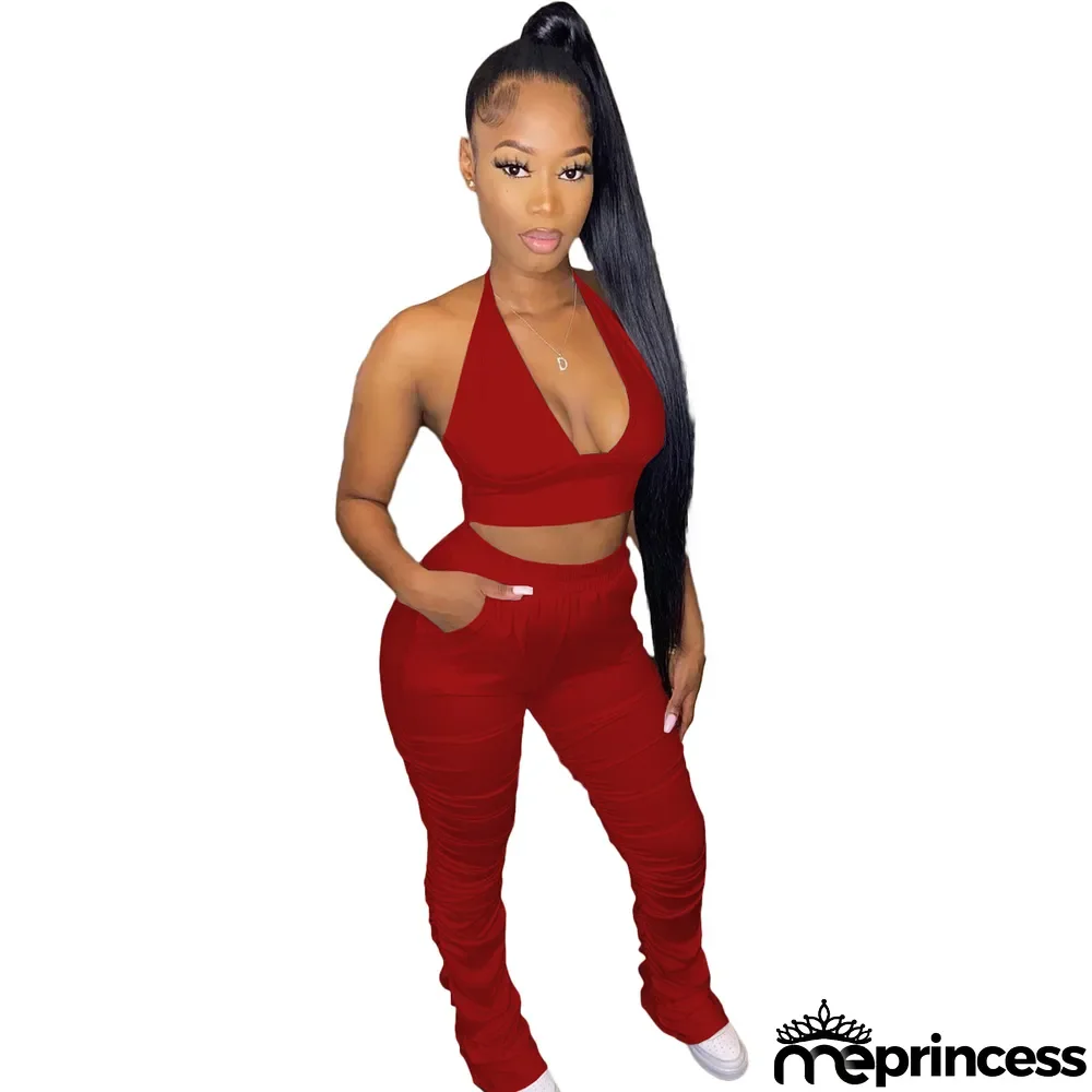 Sexy Solid Halter Low Back Crop Vest Pleated Pants Two Piece Set