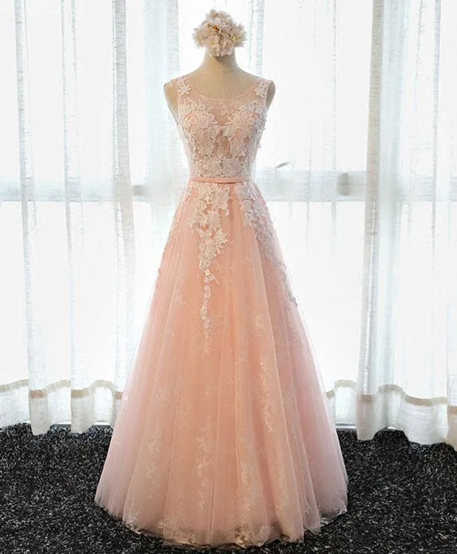 Pink Round Neck Lace Tulle Long Prom Dress, Lace Evening Dress