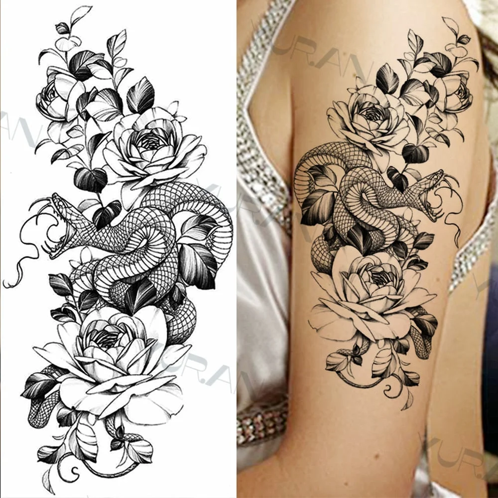 Black Large Snake Flower Fake Tattoo Sticker For Women Dot Rose Peony Temporary Tattoos DIY Water Transfer Tatoos Girls 530