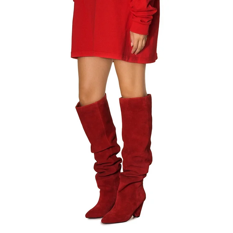 Red Vegan Suede Slouch Boots Pointy Toe Chunky Heels Knee-high Boots |FSJ Shoes