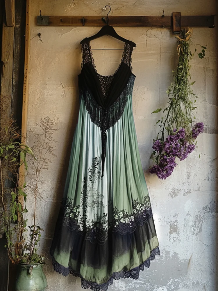 Boho Floral Embroidered Pattern Lace Patchwork Art Linen Dress