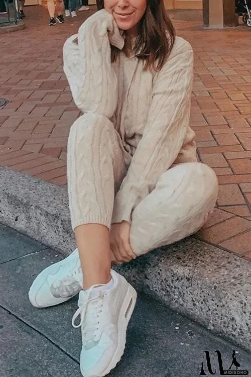 MidiSono - Solid Color Hooded Collar Knitted Pants Set