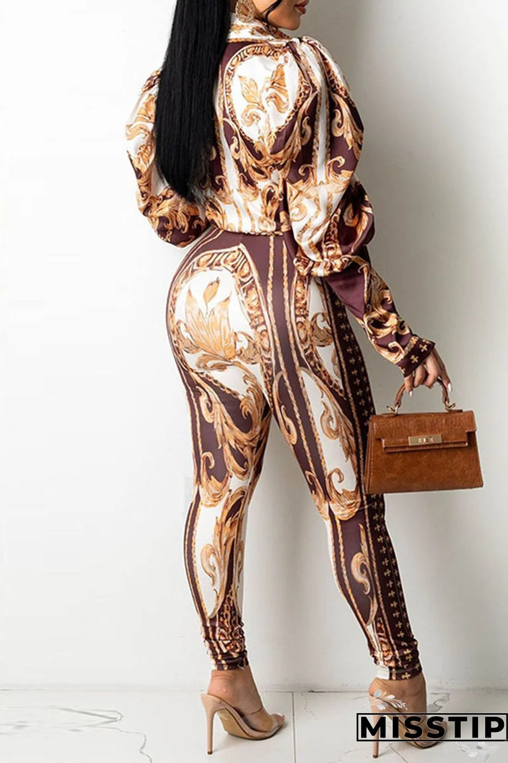 Deep Blue Casual Print Patchwork Turndown Collar Long Sleeve Two Pieces