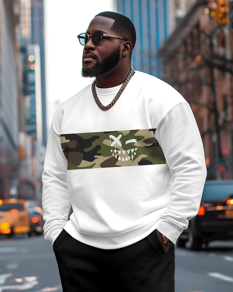 Men's Plus Size Camouflage Face Print Casual Long Sleeve Sweatshirt