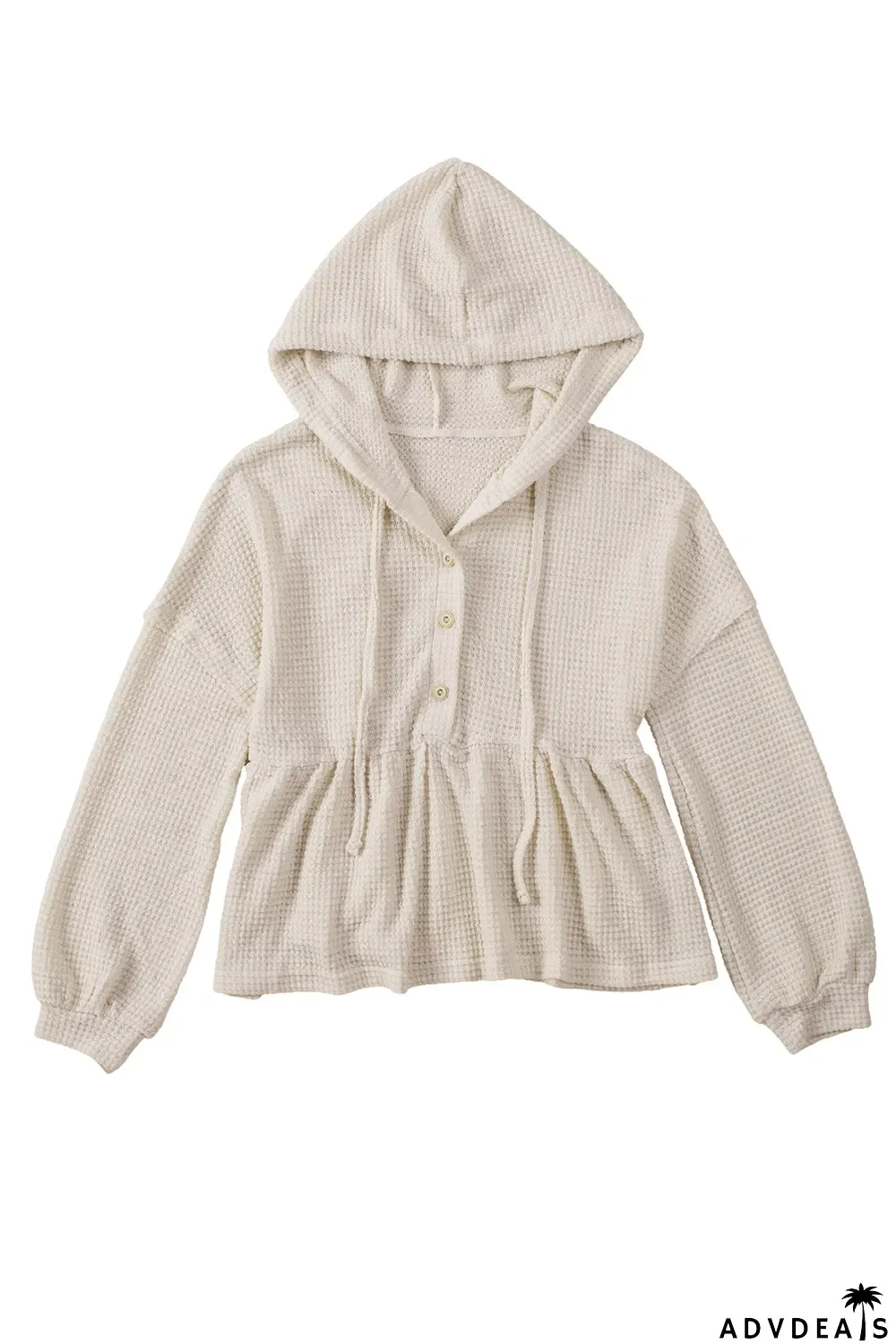 Apricot Waffle Knit Buttons Ruffled Hooded Top