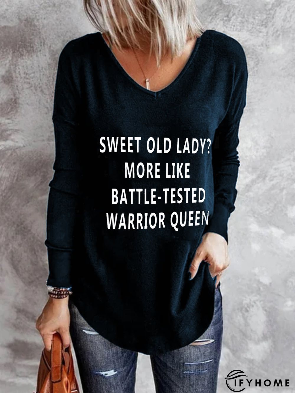 Casual Long Sleeve V Neck Printed Top T-shirt | IFYHOME