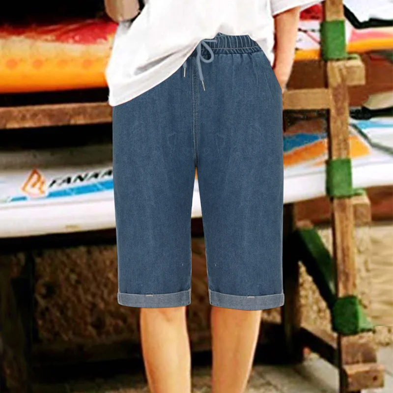Toloer Women's Loose Straight Waist Drawn Rope Five Minutes Denim Shorts-Outfit Ideas