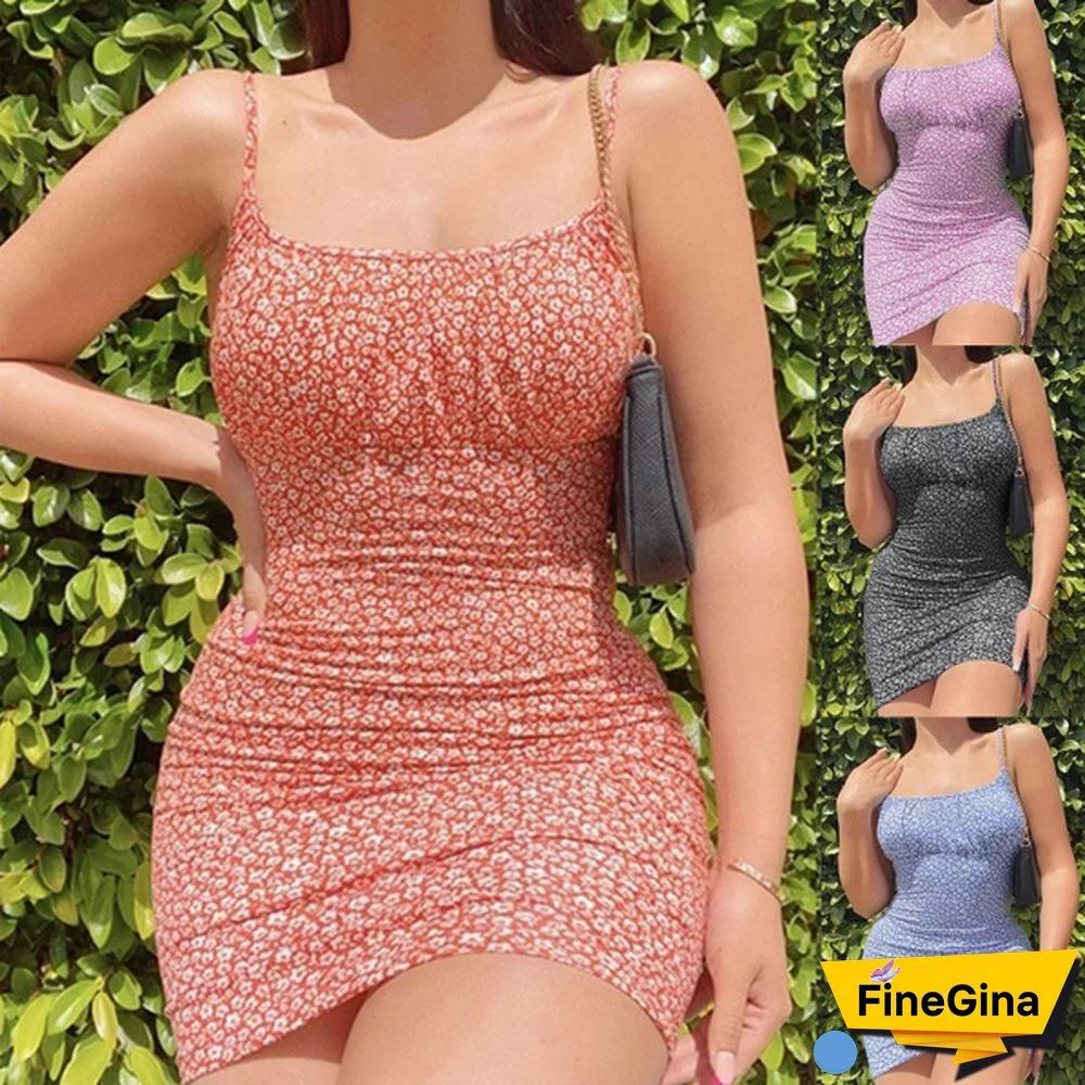 Plus Size S-5XL New Summer Fashion Spaghetti Strap Dress for Women Sleeveless Bodycon Dresses Floral Printed Casual Spaghetti Strap Dresses