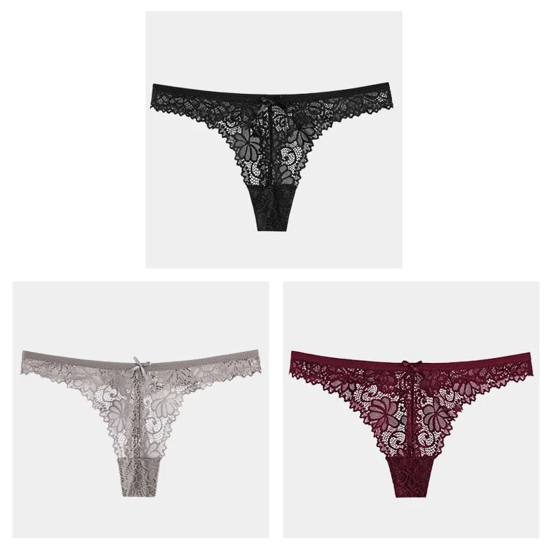 3Pcs/Lot Sexy Lace Thong Low Waist Lace Transparent Panties Women Hollow out Breathable G String Briefs Bow Underwear Lingerie