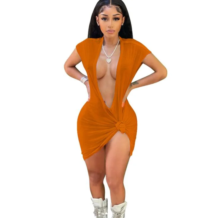 CM.YAYA Women Dress Solid Short Sleeve Deep V-neck Sheath Elastic Dresses Sexy Night Club Fashion Casual Outfit Summer 2021