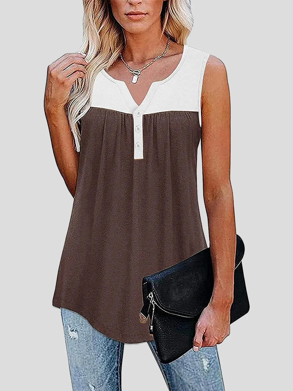 Sleeveless V-Neck Button Paneling Tank Tops