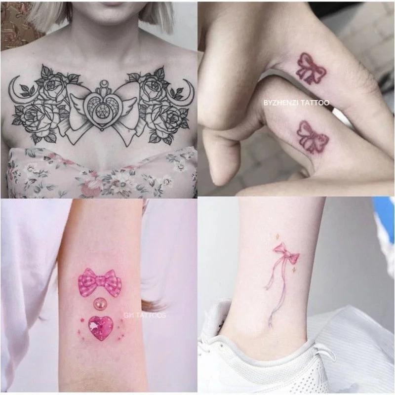 14pc/Lot Cartoon Bow Temporary Tattoo Stickers Female Waterproof Cute Sexy Art Fake Tattoo Finger Back Flower Arm Tattoo Sticker