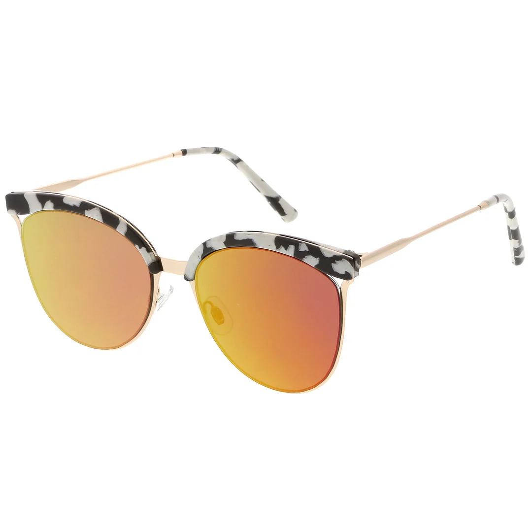 Modern Semi-Rimless Cat Eye glasses Cutout Round Mirrored Flat Lens 55mm