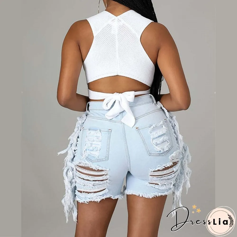 New Tassel Denim Short Women Street Fashion Stretch Ripped Denim Shorts