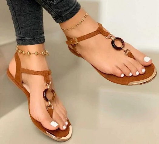 2020 Women Summer Shoes Fashion Flat Heel Clip Toe Feet Roman Buckle Large Size Female Sandals Comfortable Sandalias Mujer
