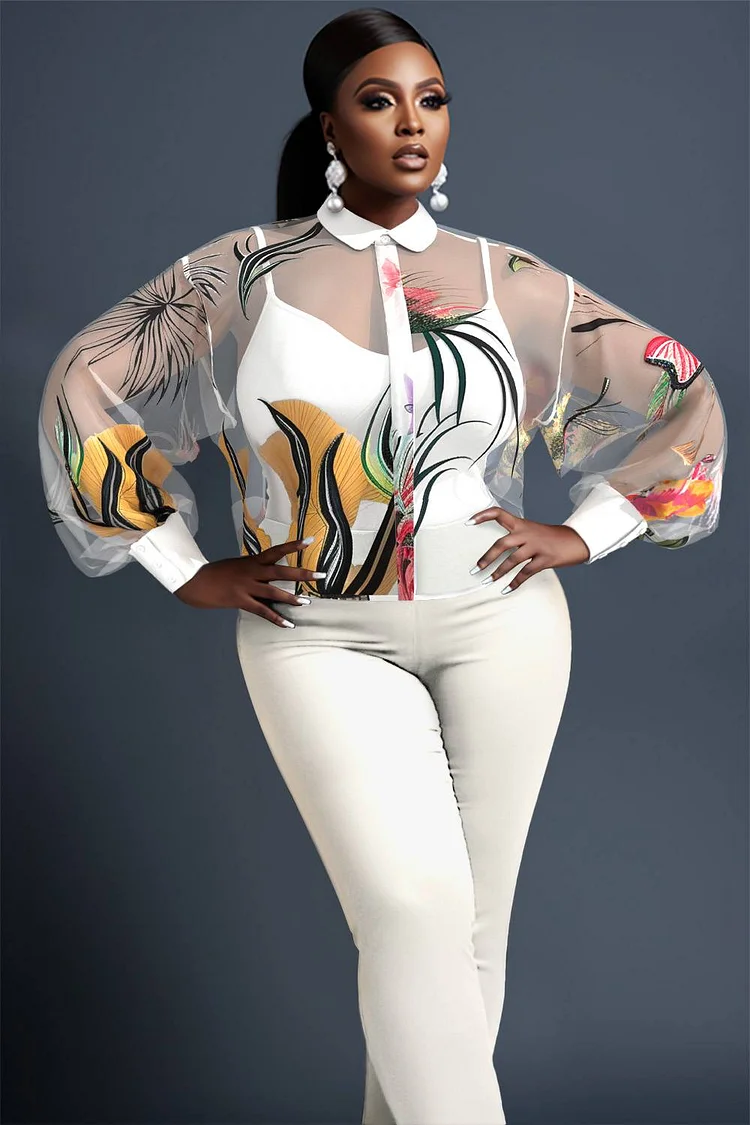 Xpluswear Design Plus Size Semi Formal White Floral Shirt Collar Long Sleeve See Through Mesh Blouses
