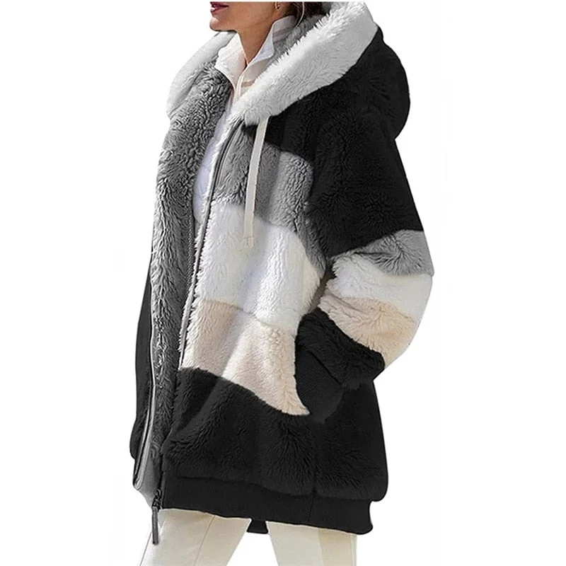 Women Warm Hooded Jacket Winter Zipper Casual Patchwork Loose Coat Fashion Faux Fur Parka Fleece Drawstring Plus Size Coat