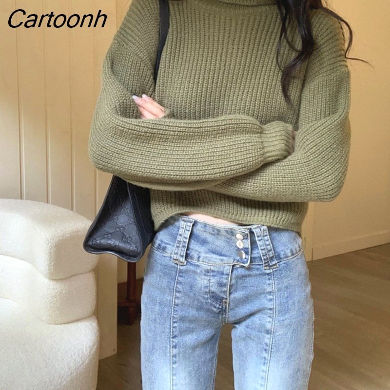 Cartoonh Women Casual Loose Knitted Sweater Pullovers Solid Cashmere Lapel Splited Turtleneck Sweaters Autumn Winter Elegant Female Tops