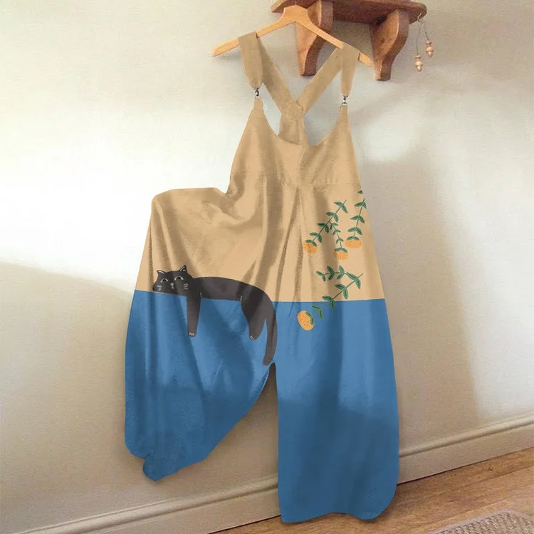 Abstract Creative Lazy Black Cat Painting Art Print Loose Casual Jumpsuit