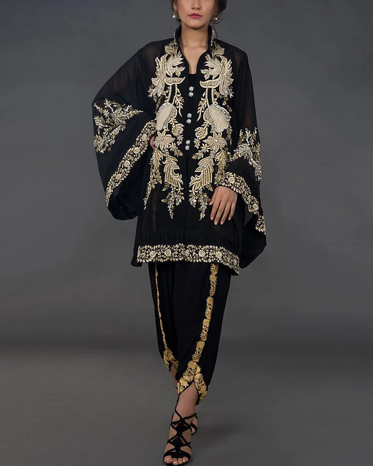 Embroidered Top and Pleated Tulip-Pant Two-Piece Set