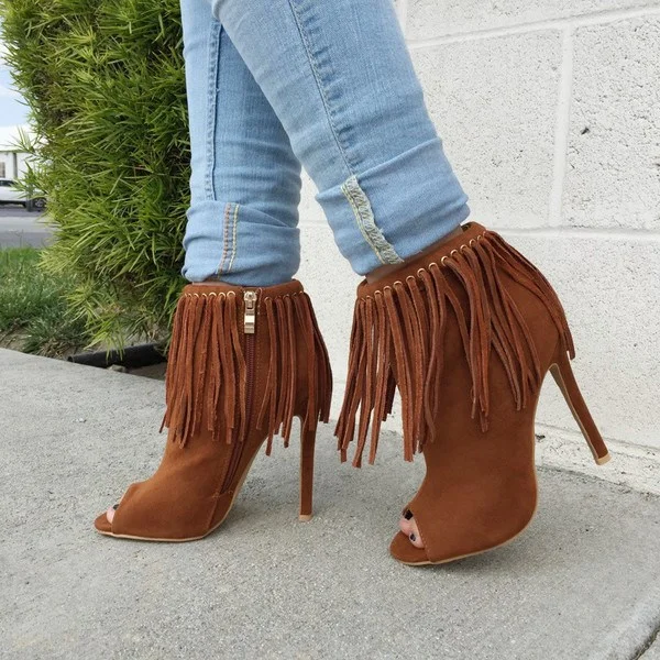 Brown Fringe Boots Peep Toe Vegan Suede Stiletto Heel Ankle Boots |FSJ Shoes