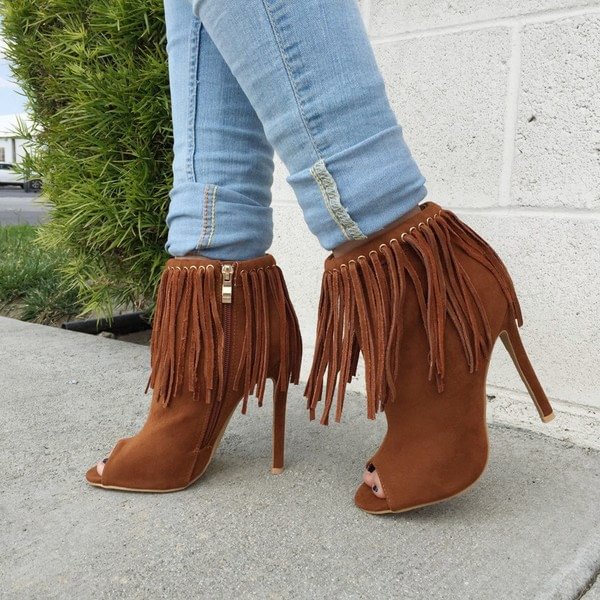 Brown Fringe Boots Peep Toe Suede Stiletto Heel Ankle Booties |FSJ Shoes