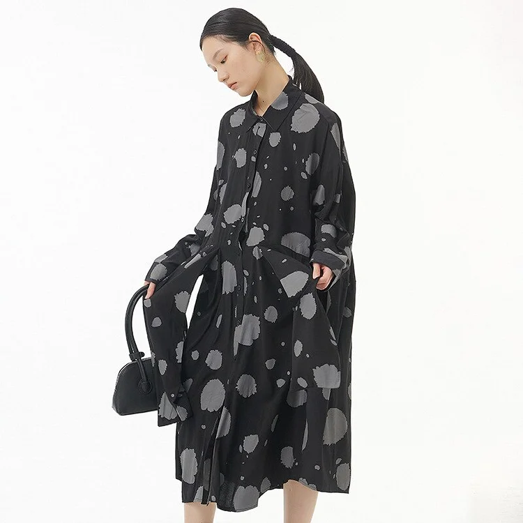 Fashion Loose Lapel Contrast Color Splash Ink Printed Waist Bandage Long Sleeve Shirt Dress