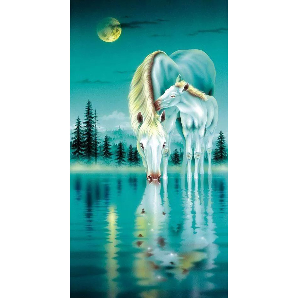 

45*85CM - Round Drill Diamond Painting - White Horse (Big Size), 501 Original
