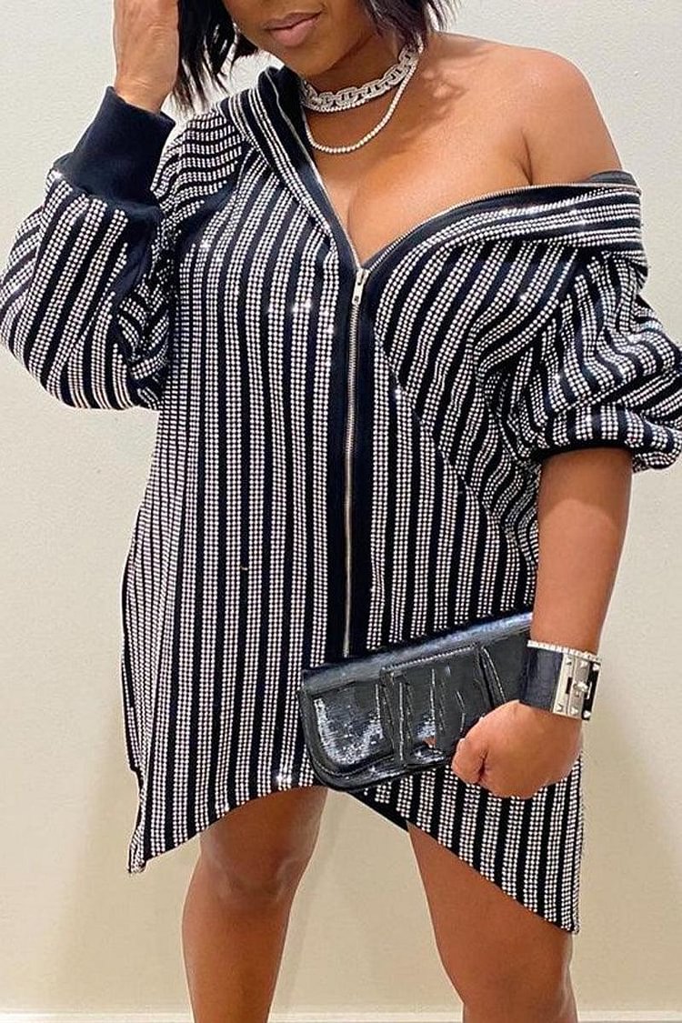 Xpluswear Plus Size Casual Stripe Sequin Zipper Long Sleeve Mini Dress