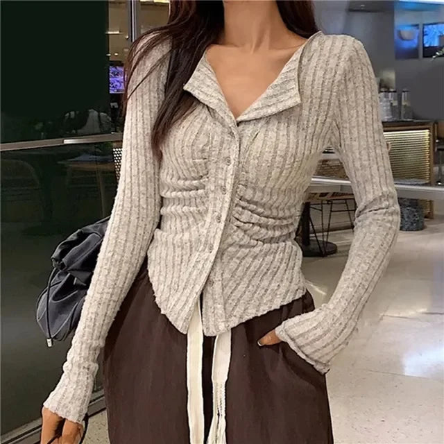 Y2k Knitted Cardigan Women  Collar Sweater Coat Vintage Long Sleeve Single Breasted Top Autumn Fashion Girls Knitwear Jumper Aiertu