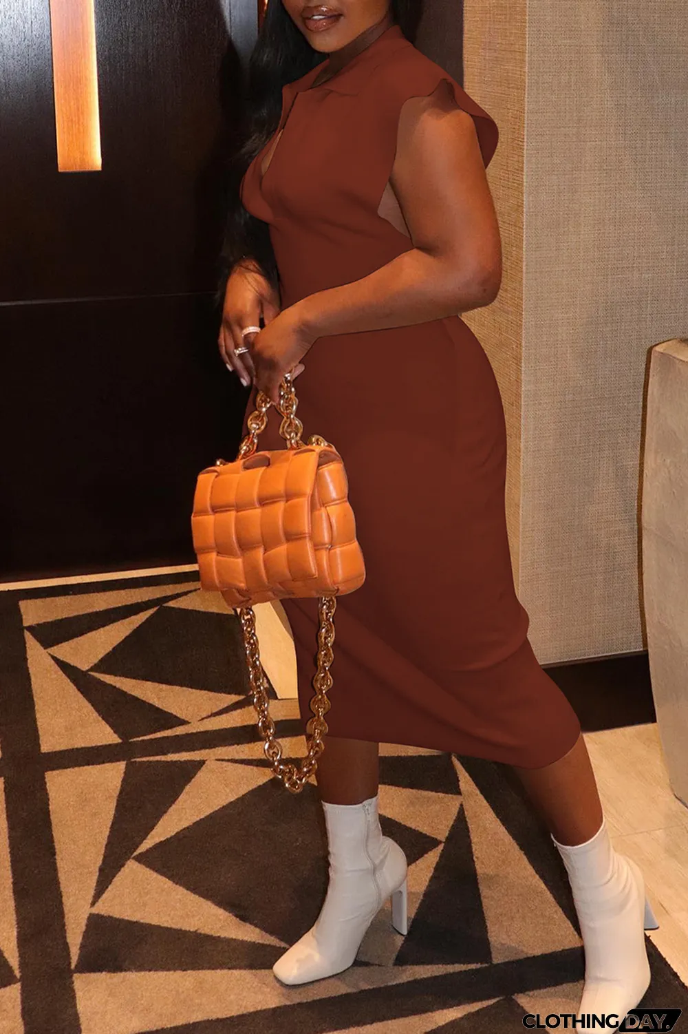 Pink Fashion Casual Solid Basic Turndown Collar Sleeveless Dress