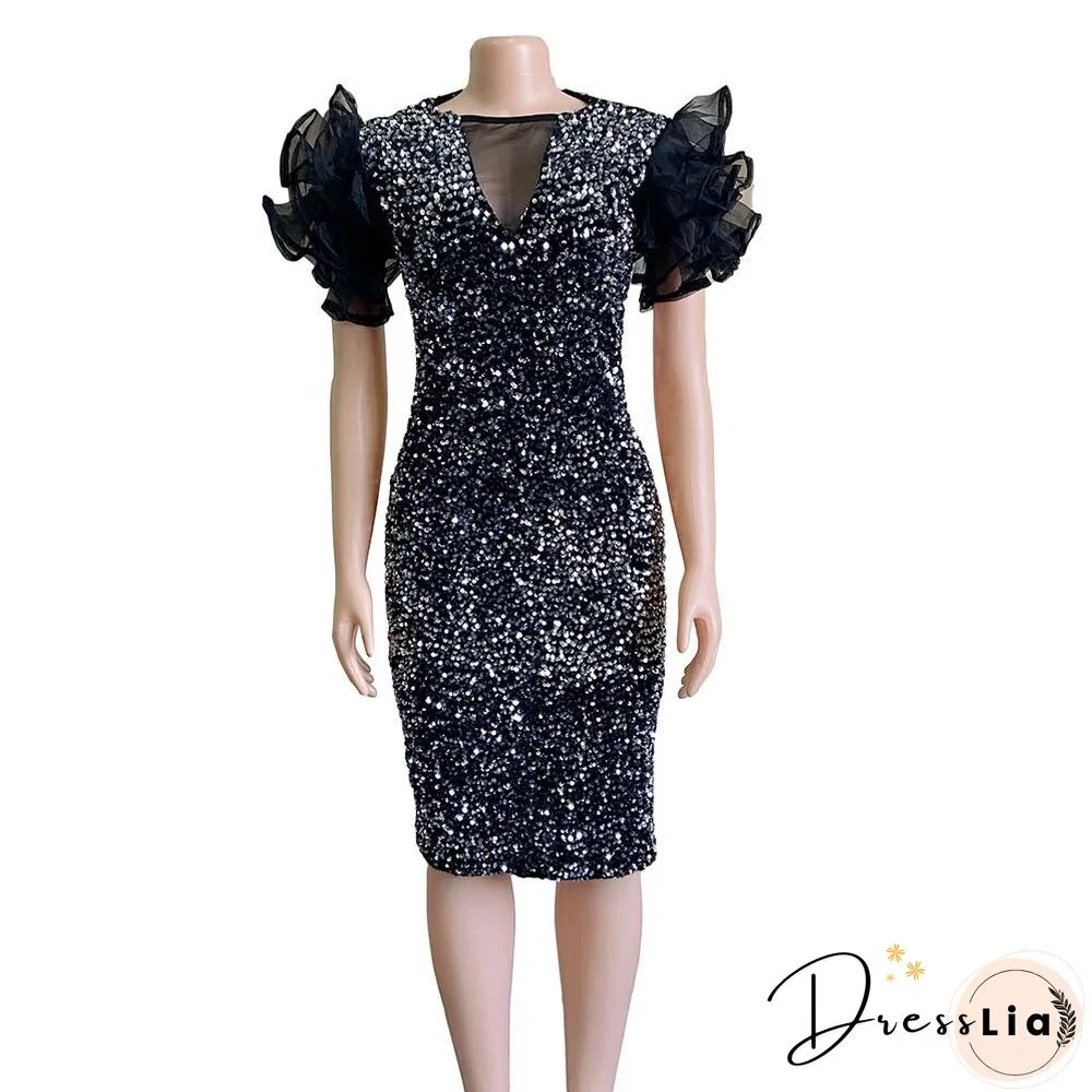 Sexy Velvet Sequin Dress Women Off Shoulder Mesh Stitching Package Hip Party Dress Vestidos Elegantes Para Mujer