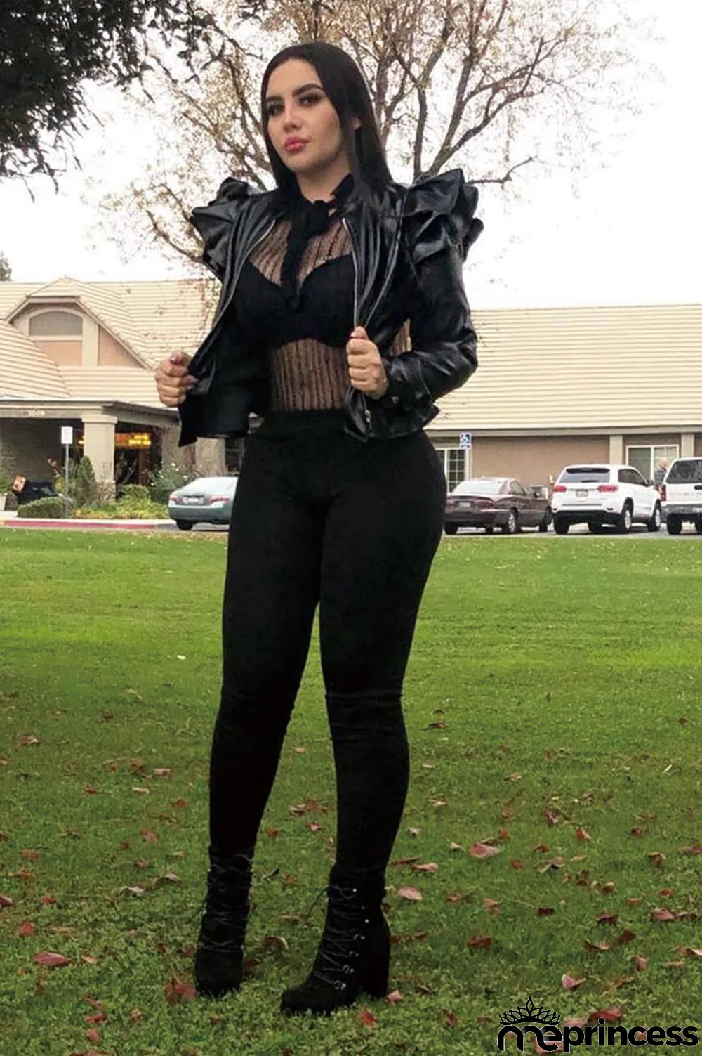 Black Mandarin Collar ruffle Solid PU Long Sleeve