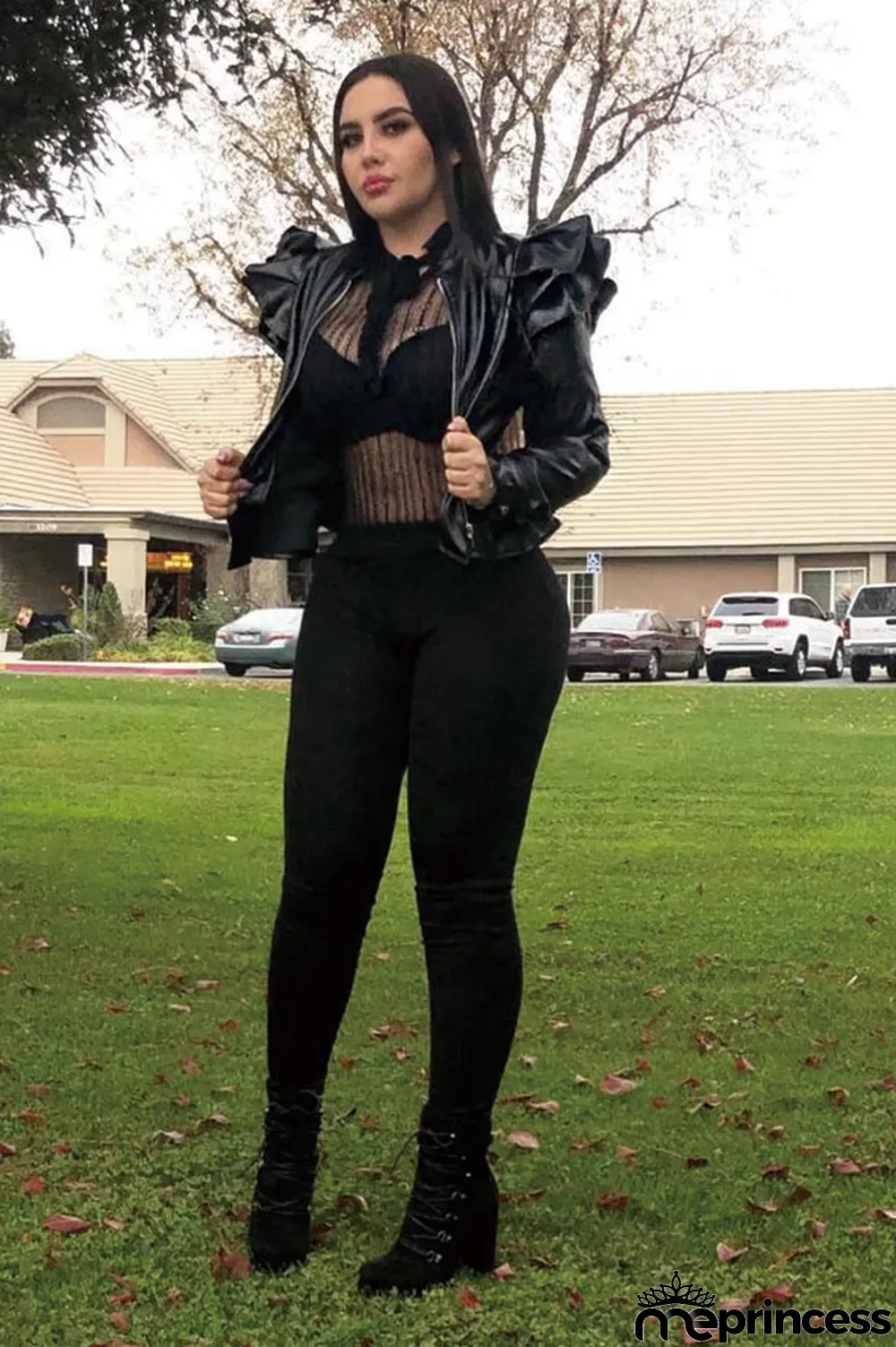 Black Mandarin Collar ruffle Solid PU Long Sleeve