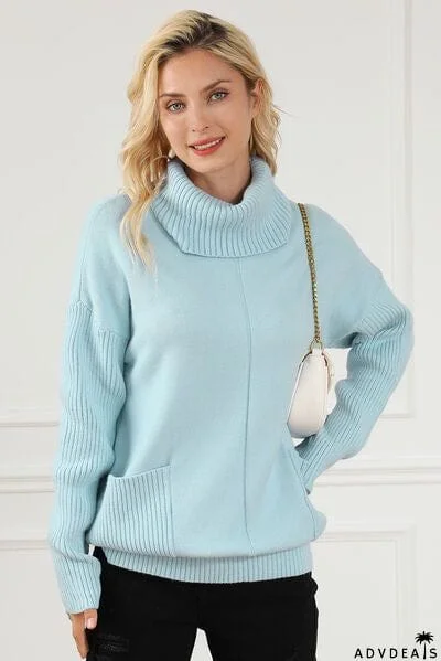 Pocketed Turtleneck Dropped Shoulder Sweater