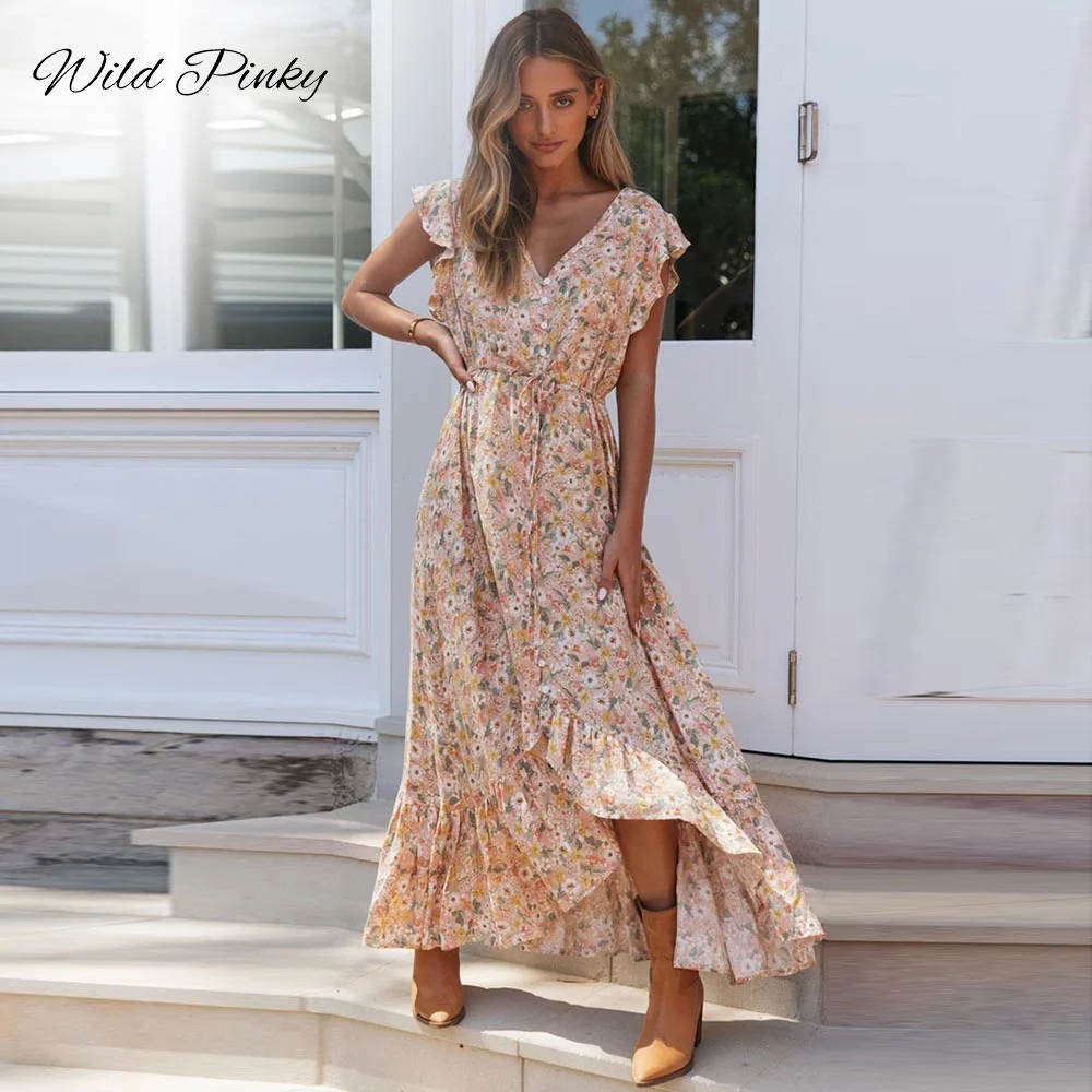 WildPinky Floral Print Long Dress Boho Summer Vestidos Button Sashes Ladies Gypsy Maxi Dresses Casual Female Holiday Beach Dress