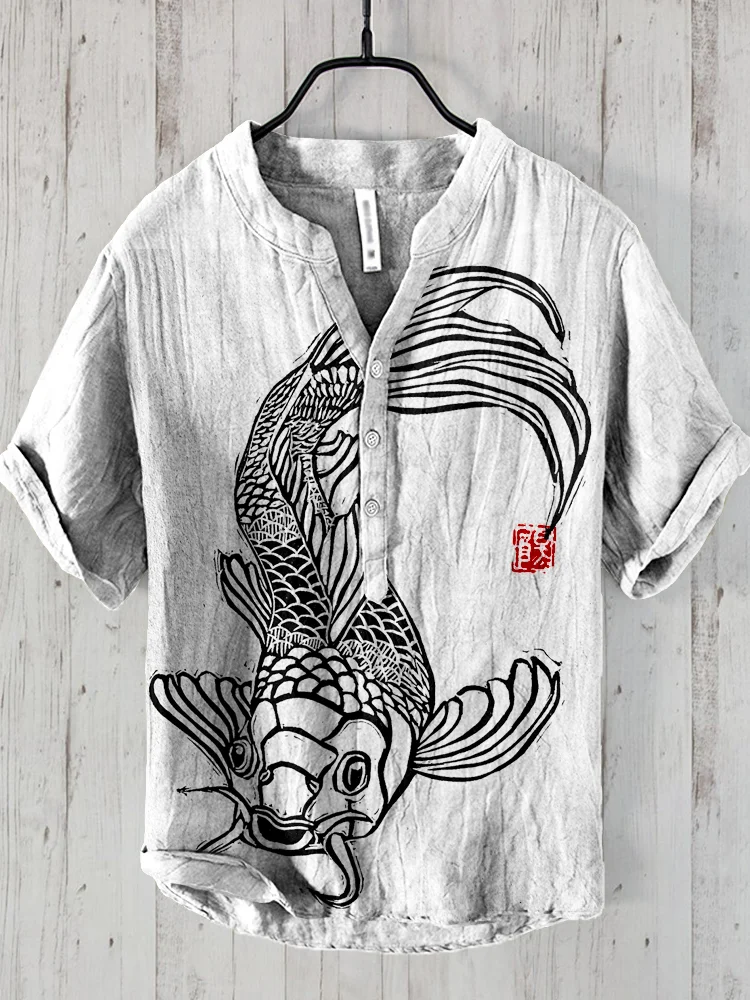 Koi Japanese Lino Art Short Sleeve Linen Blend Shirt