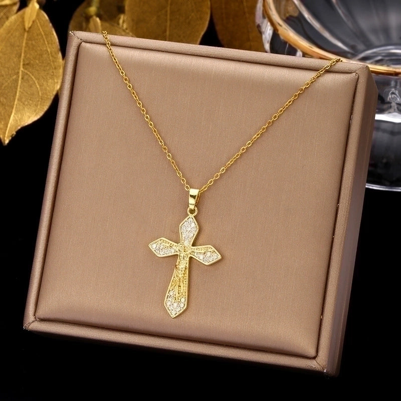 2 Pieces Ethnic Style Cross Stainless Steel Inlay Zircon Pendant Necklace